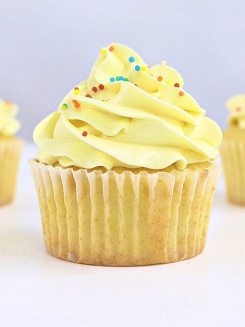 Soft vanilla cupcakes with an American buttercream