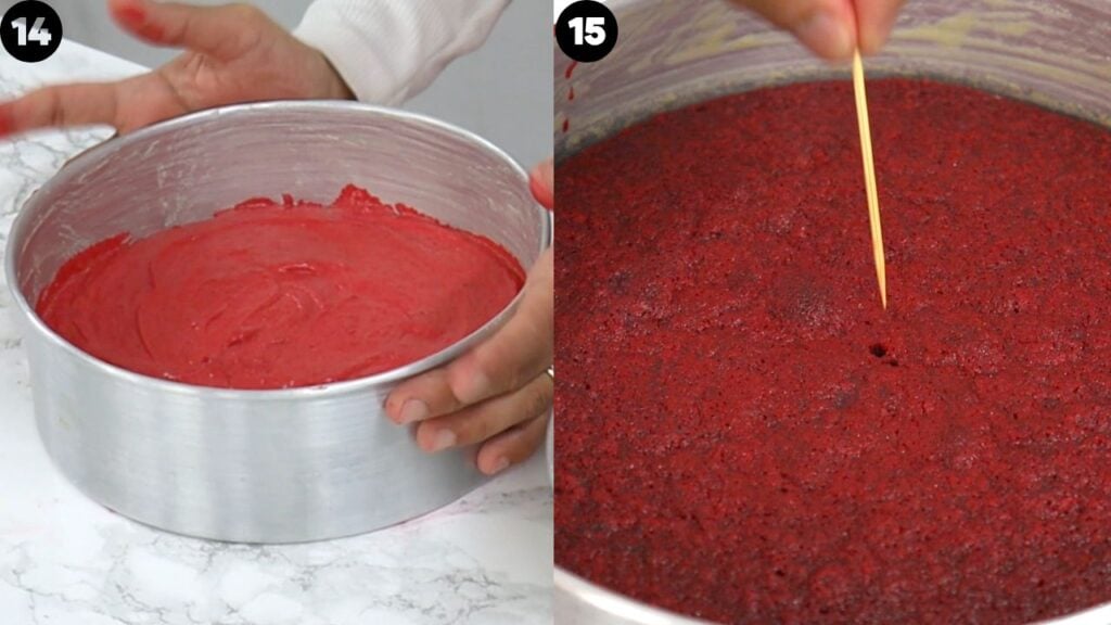 putting batter in pan and baking cake
