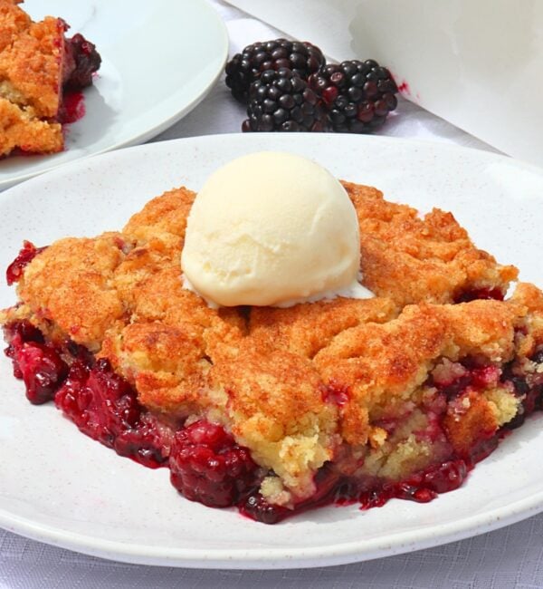 Slice of blackberry cobbler with a mound of vanilla ice cream on top, served on a white plate