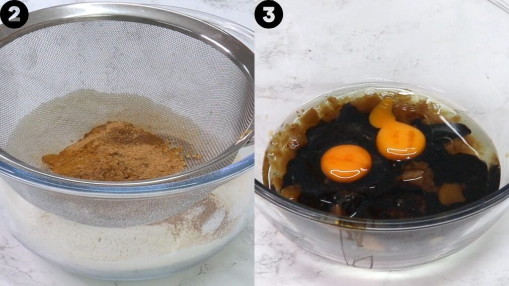 Left: flour being sifted through a metal sieve; right: two egg yolks atop a dark fruit and syrup mixture in a glass bowl.