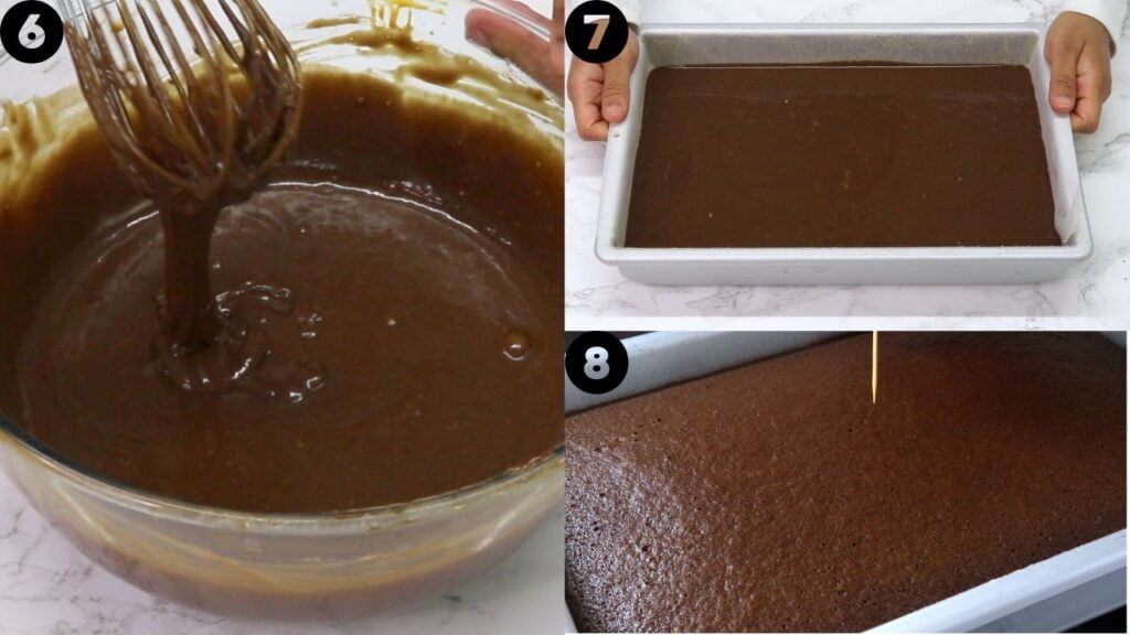 Step 6: whisk stirring glossy chocolate brownie batter in a glass bowl.