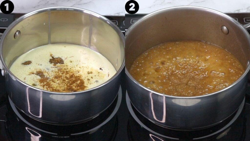 Two stainless pots on a stovetop labeled'1' and '2': left pot holds a pale milk mixture with brown sugar or spice sprinkled on top; right pot holds a bubbling caramel-colored sauce.