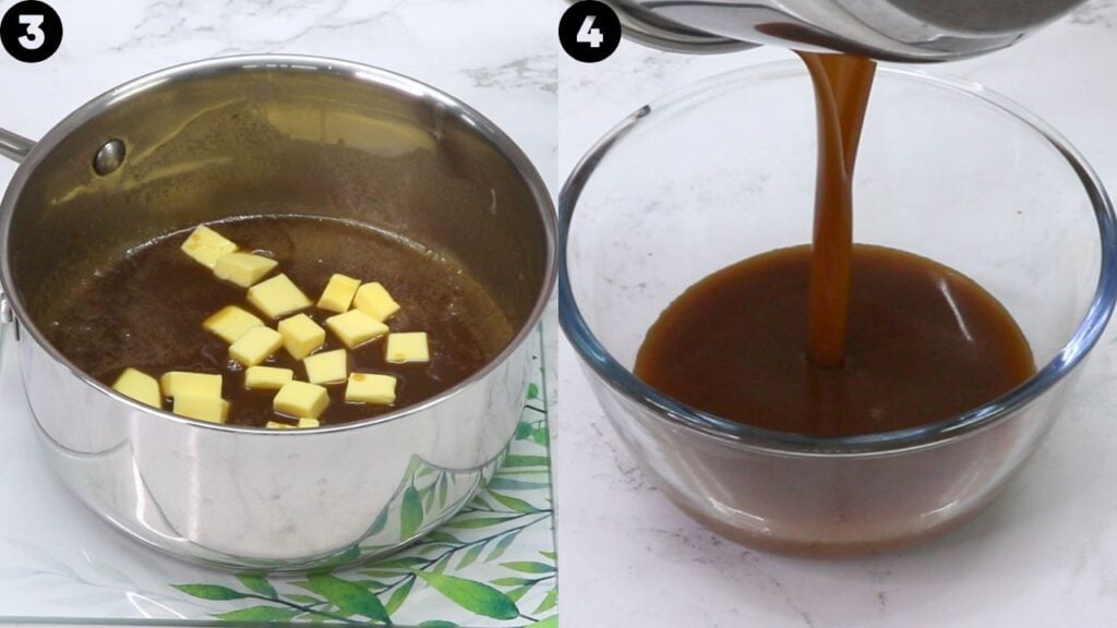 Left: butter cubes melting in a saucepan with chocolate. Right: warm chocolate being poured into a glass bowl.