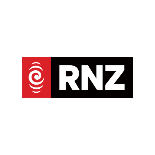 RNZ logo: red square with circular emblem next to bold white RNZ on a black rectangle, brand mark of Radio New Zealand