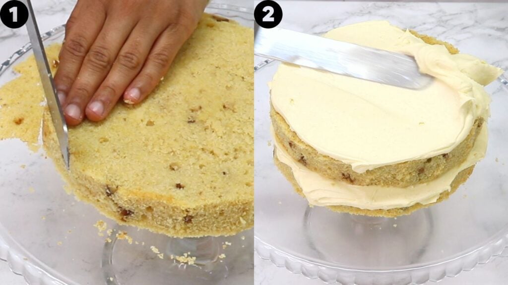 Panel 1 shows a person slicing a round sponge cake; panel 2 shows spreading pale frosting over the cake with a flat spatula.