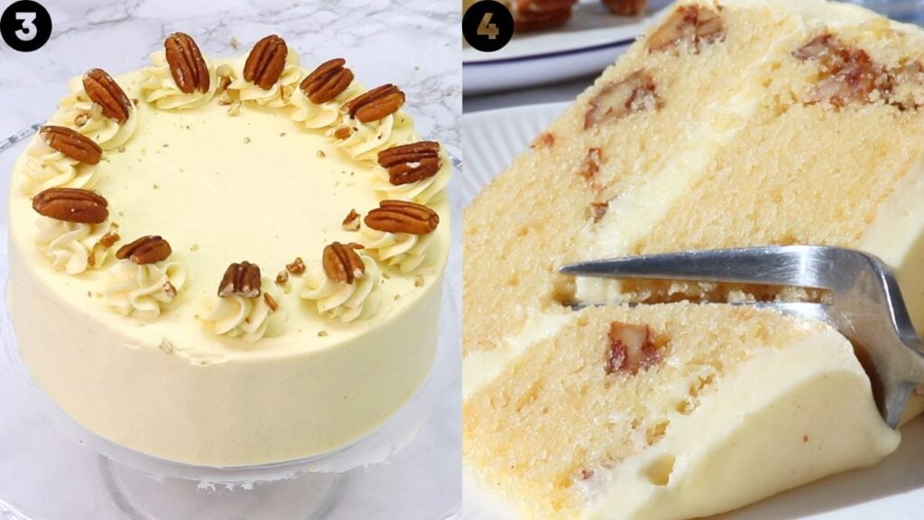 Two cakes: a round vanilla cake with piped cream and pecans on top, and a sliced yellow cake with cream filling on the side with a fork nearby, showing dessert pieces on a plate side by side.