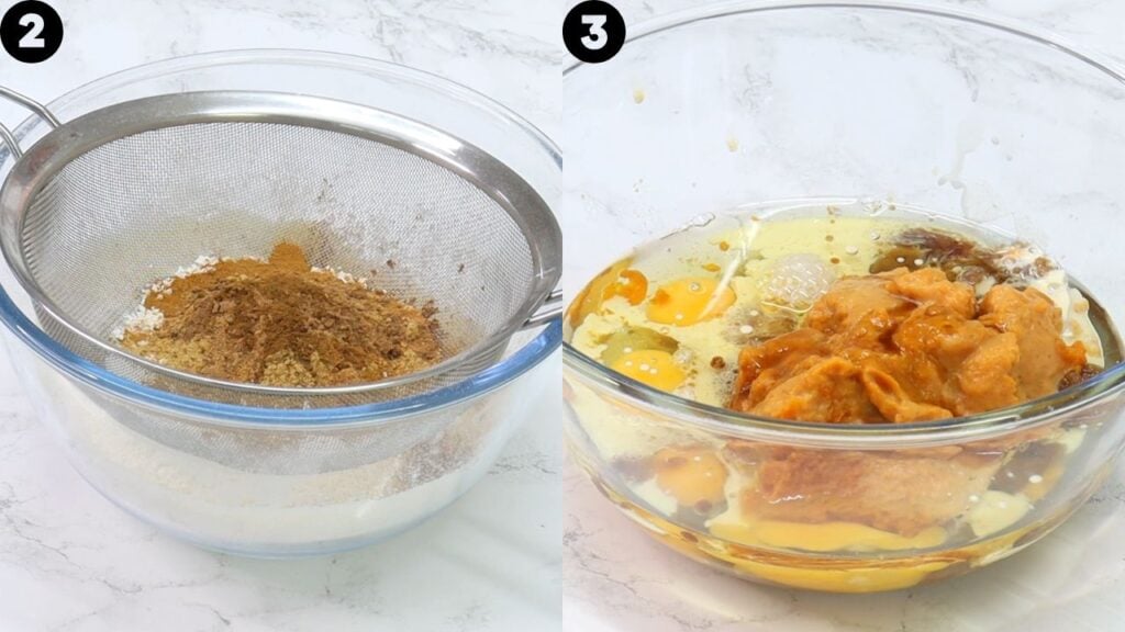 pumpkin bundt cake - Cakes by MK Step 2: a metal sieve over a bowl with flour and brown spices sifted into the batter mix.