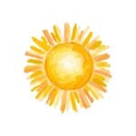 Abstract sun painting with a bright yellow center and orange-yellow rays on a white background, created with broad brushstrokes on canvas.