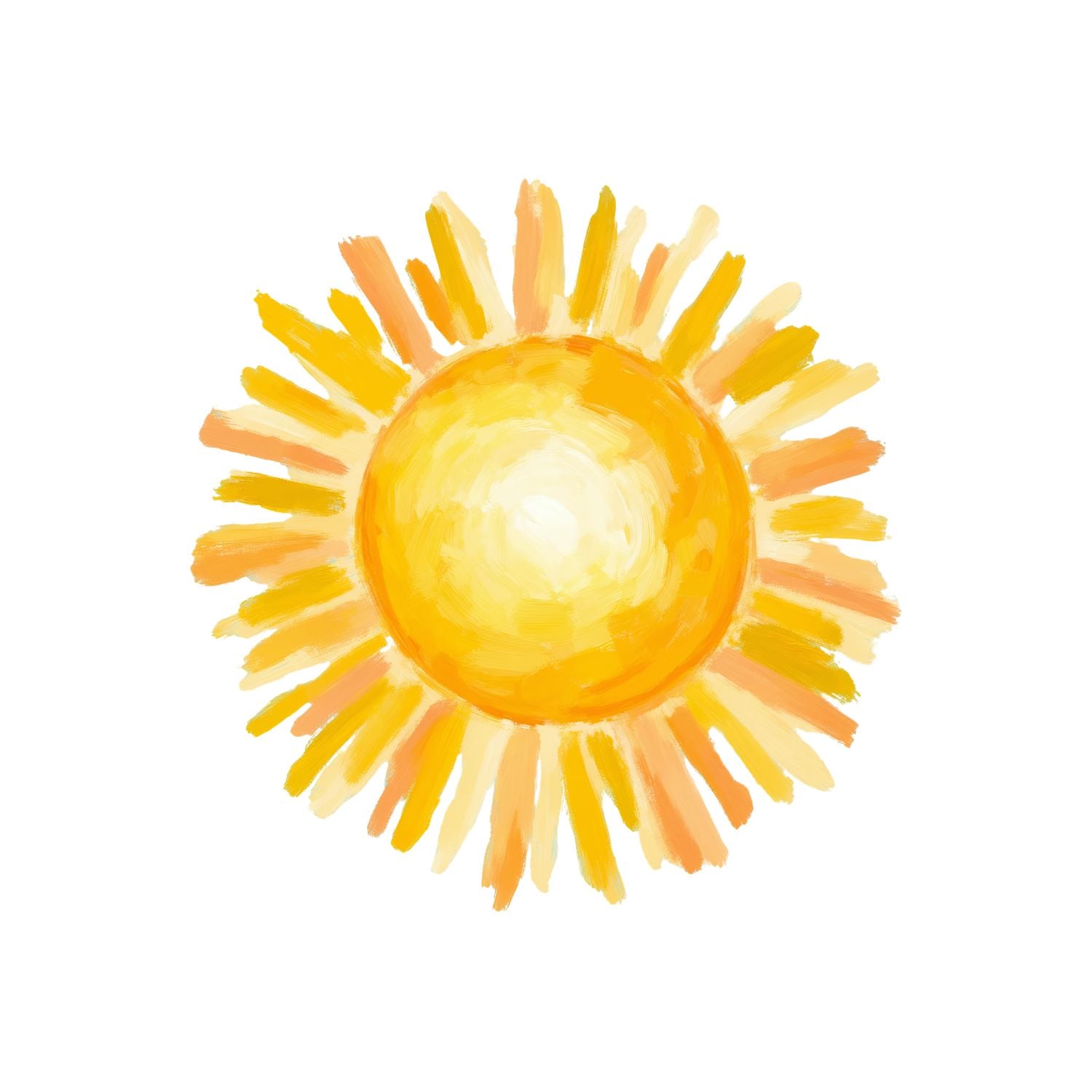 Abstract sun painting with a bright yellow center and orange-yellow rays on a white background, created with broad brushstrokes on canvas.
