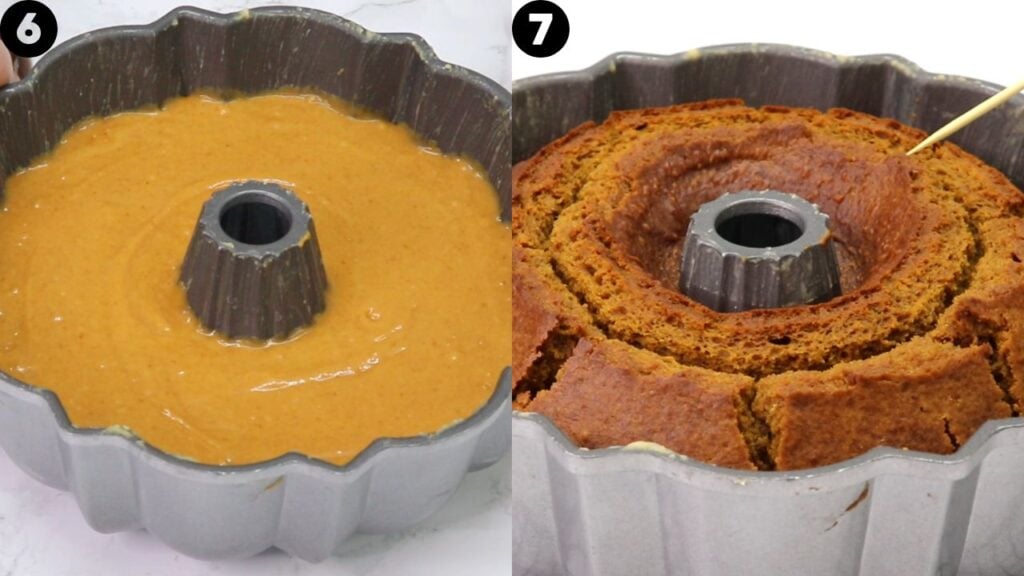 pumpkin bundt cake - Cakes by MK Two Bundt pans side by side: left has smooth orange batter ready to bake, right shows a golden brown ring cake with a central tube and sliced portions left of the pan edge.