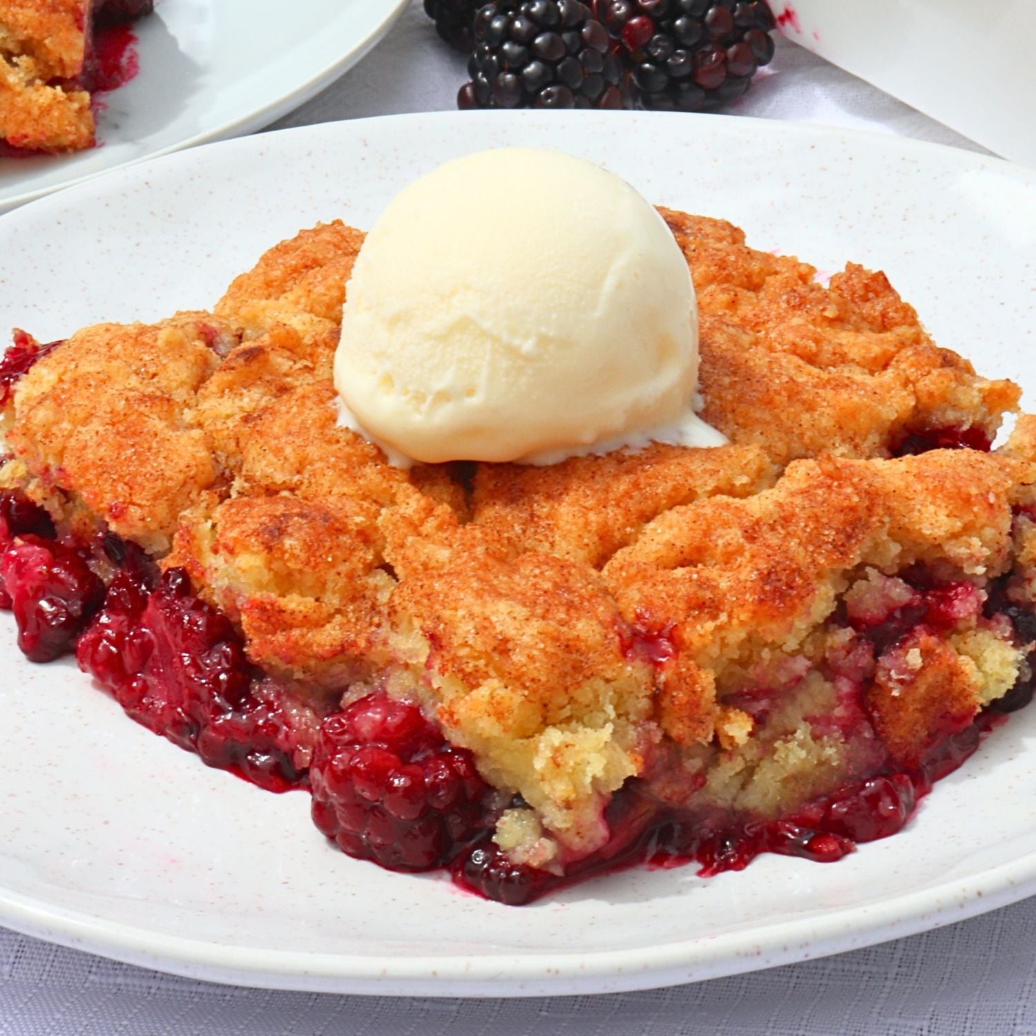 Slice of berry crumble pie on a white plate, topped with a scoop of vanilla ice cream.