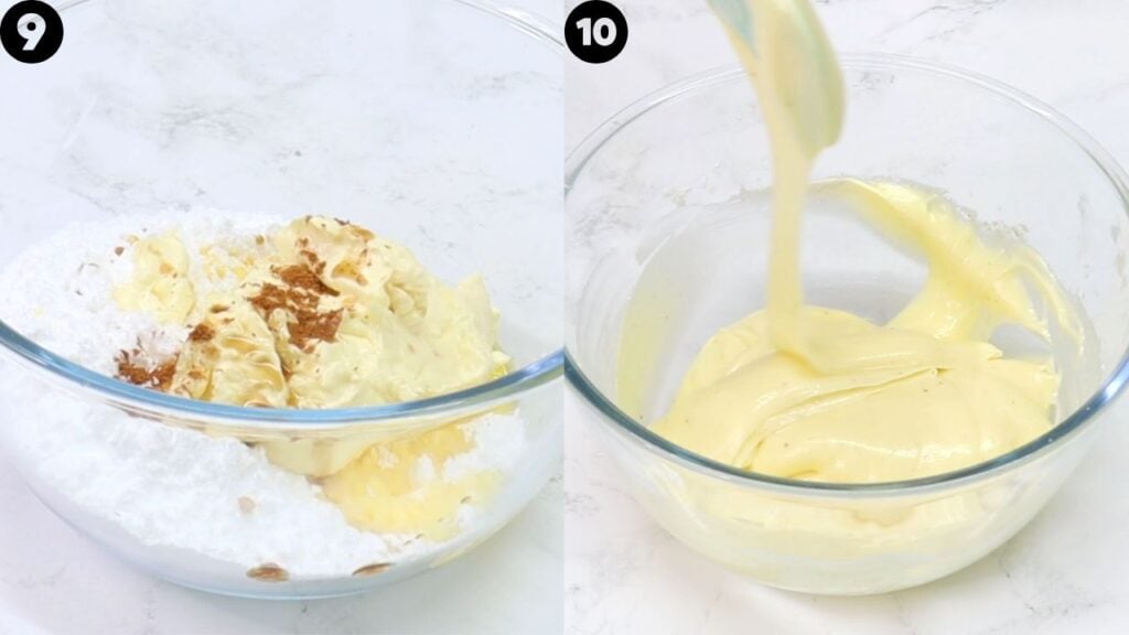 pumpkin bundt cake - Cakes by MK Two-panel prep shot: left shows flour and butter in a bowl, right shows smooth yellow cake batter being poured and mixed in a glass bowl.