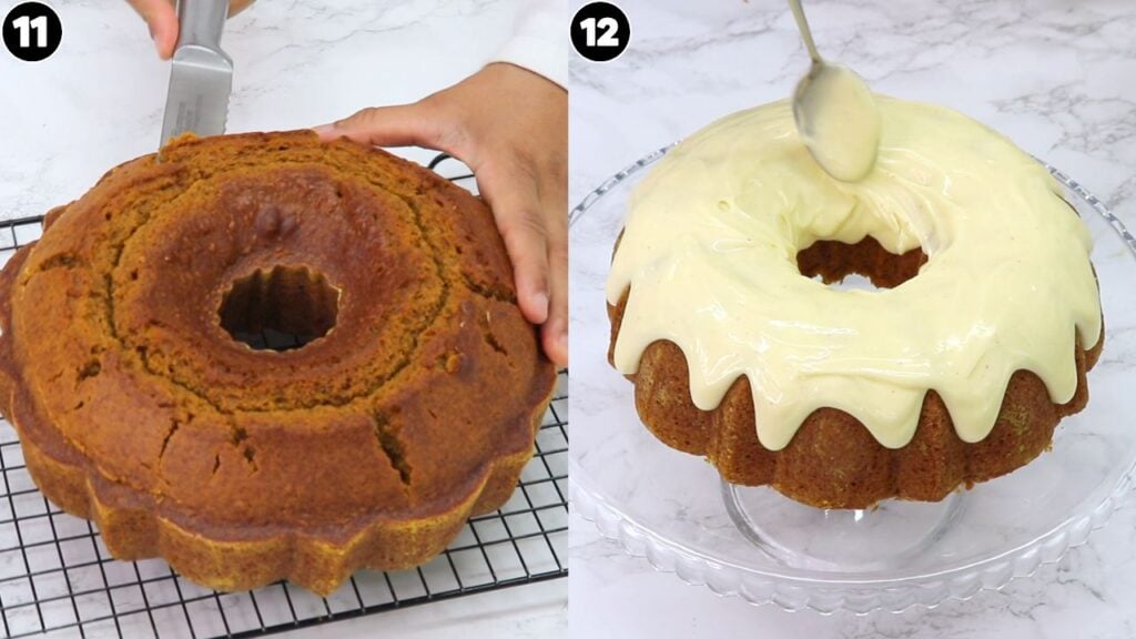 pumpkin bundt cake - Cakes by MK TwoBundt cakes shown side by side: left—someone slicing a golden sponge; right—a glazed cake being coated with light icing on a stand.