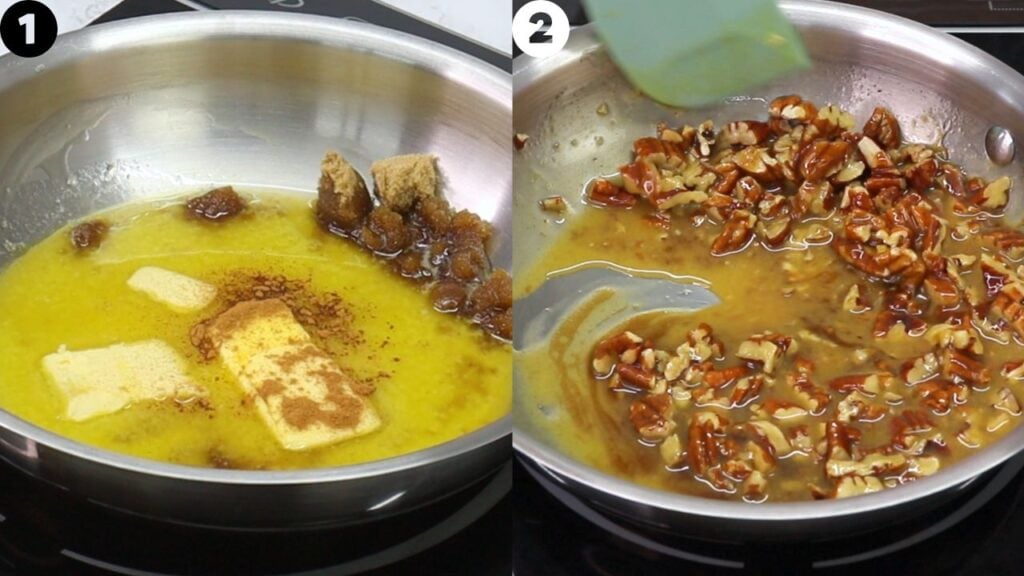 Two-panel image: left shows butter melting with brown sugar in a saucepan; right shows chopped pecans in caramel being stirred in a pan.